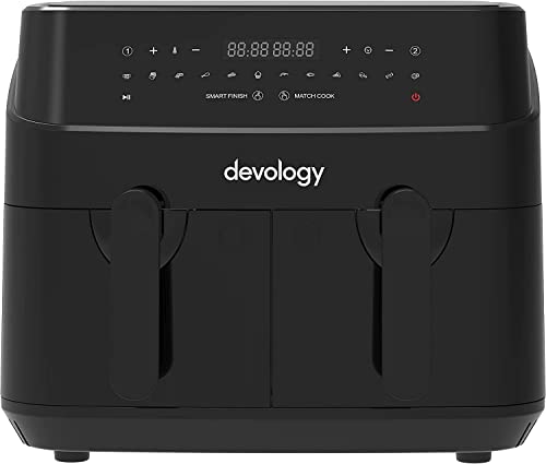 Devology Freidora De Aire Doble - 4,5 L x 2 Zonas Independientes - Acabado Inteligente Cocina por Dos Lados - Pantalla LED Digital con 12 Programas Preestablecidos - Freidora Saludable Sin Aceite