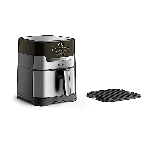 Tefal EY505D Easy Fry & Grill Deluxe - Freidora de aire caliente (2 en 1 (freidora de aire caliente y parrilla), capacidad: 4,2 litros, 8 programas automáticos, temporizador, acero inoxidable, XL