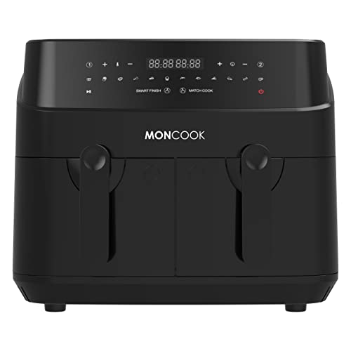 MONCOOK Freidora De Aire Doble - 4,5 L x 2 Zonas Independientes - Acabado Inteligente Cocina por Dos Lados - Pantalla LED Digital con 12 Programas Preestablecidos - Freidora Saludable Sin Aceite