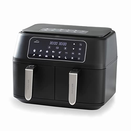 Lacor - 69508 - Freidora Sin Aceite DuploAir, Air Fryer con Pantalla Táctil, Doble Cestillo, Incluye Recetario, 11 programas, Función Deshidratado, Antiadherente ECO, Gran Capacidad 9L, 2400 W