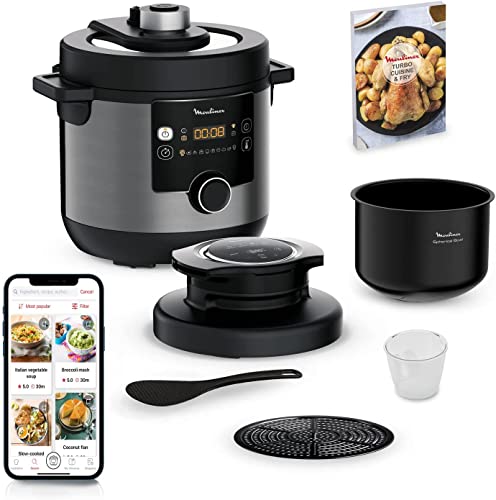 Moulinex Turbo Cuisine & fry CE7788 - 2 en 1: Olla a presión eléctrica y freidora de aire hasta 1450 W potencia, bol esfércico antiadherente, 15 programas automáticos, temporizador, accesorios, negro