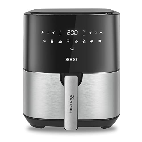 Sogo 10830 Freidora sin Aceite 5L, freidora de aire caliente con 8 programas, recetario, control táctil, 80-200°C, temporizador, 1450 W Air Fryer, gris/negro, sin PFOA ni BPA