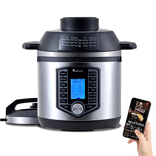 MasterPro FryCook | Freidora Sin Aceite | AirFryer y Olla a Presión de 1500W y 6L | Olla de Cocina Programable con 44 Funciones Automáticas | Olla Express | 12 Programas de Cocinado Diferentes en 1