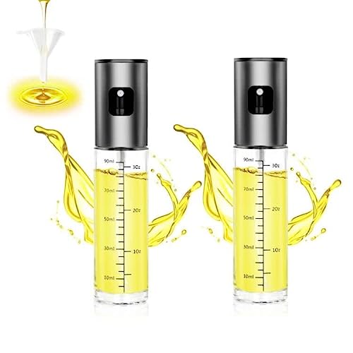 Pulverizador Aceite 2PCS, 100ML Spray Aceite Cocina con Escala Precisa y Embudo, Vaporizador Aceite Oliva para Freidora Aire, Acero Inoxidable y Vidrio Dispensador Aceite Spray para Cocinar, Hornear