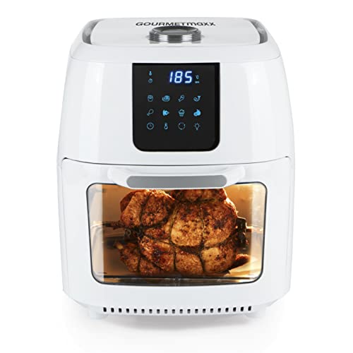 GOURMETmaxx Digital XXL Hot Air Deep Fryer 9 litros | Freír sin grasa, freidora, horno y parrilla giratoria en uno | Incluye asador giratorio para pollo y shish kebab [1800 watts/blanco]