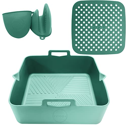 TIVODA-Molde silicona freidora de aire-accesorios freidora sin aceite- olla y alfombrilla de freidora aire cuadrada-2 guantes-bandeja airfryer/horno/microondas (Verde)