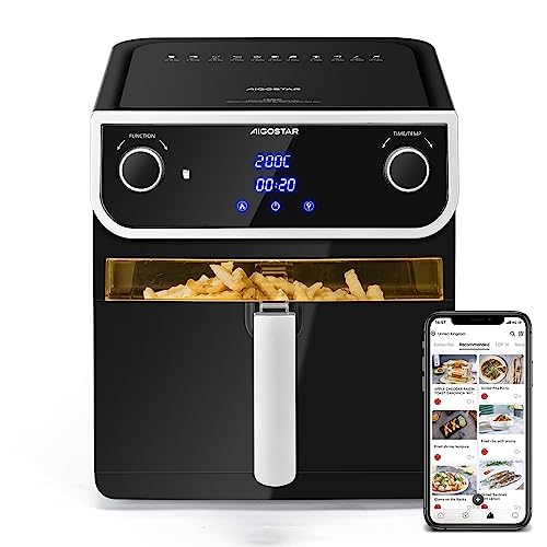 Aigostar - Freidora de aire sin aceite 8L, Ventana transparente, 1700 W, Pantalla LED táctil grande, 12 funciones predeterminadas + libro de recetas. Doble uso: con cesta o cajón. Libre de BPA