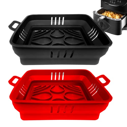 22cm Molde Silicona Freidora de Aire, 2 PCS Accesorios Freidora sin Aceite - Cesta Cuadrada de Silicona XXL para COSORI 5,5L 6,4L Cecotec 6L Airfryer - Plegable Reutilizable (Rojo + Negro)