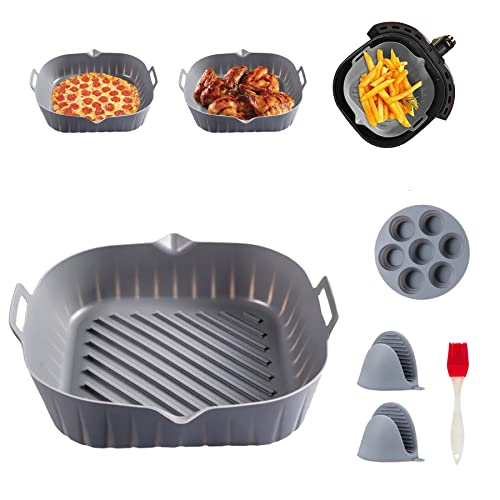 Hossar home & lifestyle Set Accesorios Freidora de Aire de Silicona | Set de 1 Bandejas Rectangular, Molde de Muffins, Guantes y Cepillo para Air Fryer | Sin Aceite | Pack Ahorro (Set)