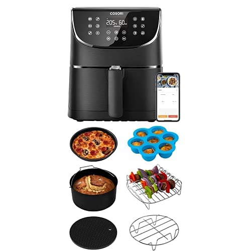 COSORI Smart, Freidora sin aceite con WiFi, 5.5 L, XXL + Accesorios para Freidora sin aire 5.5L, Molde respostería, Bandeja para pizza, Soporte, Rejilla Multiusos, Estera de silicona, Molde de huevos