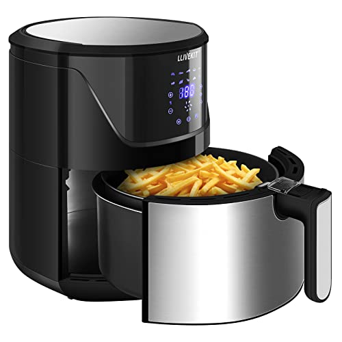 LLIVEKIT Freidora sin Aceite 5L, 1400W Freidora de Aire Caliente, Air Fryer con Pantalla Táctil Digital LED, 10 Programas, Termostato Ajustable y Control de Tiempo, Negro+plata