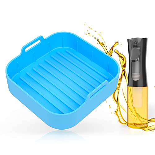 KUI - Pack de Accesorios Freidora sin Aceite - Olla de Silicona para Freidora de Aire con Pulverizador de Aceite Incluido - Molde Silicona para Airfryer de 5 y 5,5L Fácil de Lavar (Azul)