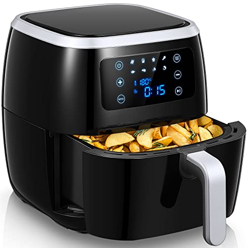 FOHERE Freidora sin Aceite de 6 L, 1800W XXL Freidora Aire Caliente con 8 Programas, Air Fryer saludable para 3-6 personas, con Pantalla LED Táctil, Temporizador, Silenciosa Menos de 40dB, Negro