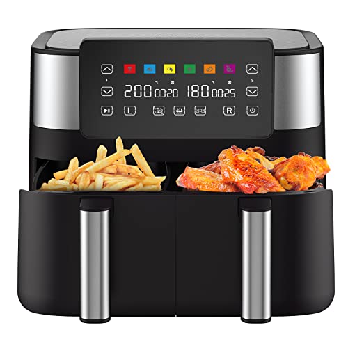 joyami Air Fryer Freidora de Aire Caliente Eléctrica sin Aceite con Doble Cajón, Air Fryer 7.6L con Doble Cesta Antiadherente con 6 Programas de Funciones Culinarias Pantalla Táctil LED, 2850W