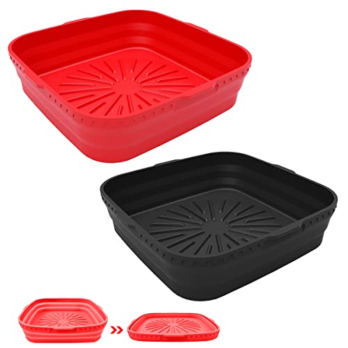 2 Piezas Olla de Silicona para Freidora de Aire Cuadrado, Molde Silicona Freidora de Aire Reutilizables y Antiadherentes, Accesorios Freidora de Aire Plegable, para Freidora de Aire, Horno y Microonda