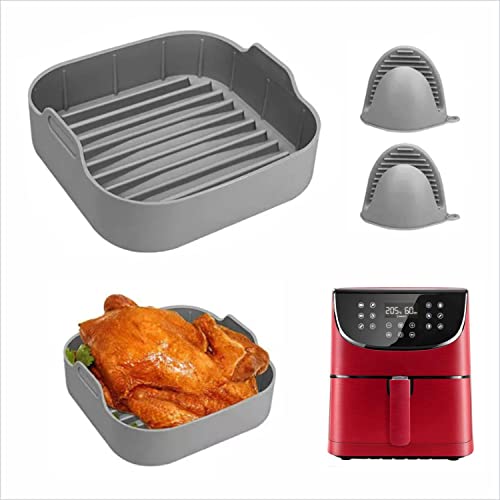 Molde Olla Silicona para Freidora de Aire Sin Aceite Con Manoplas/Cesta Bandeja Cuadrada para Airfryer/Accesorio Premium Grado Alimenticio/Reutilizable, Antiadherente/Ideal para Airfryer de 4.7a 6l