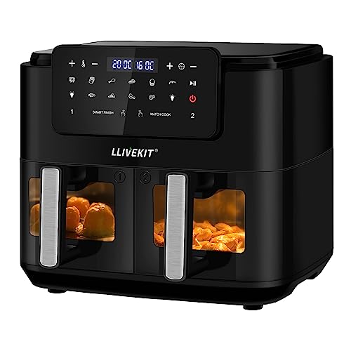 LLIVEKIT Freidora de Aire con 2 Cestas, Freidora sin Aceite 9L y 2400W, Freidora de Aire Caliente con Panel Táctil LED, 9 Programas y Parrillas Antiadherentes, Negro