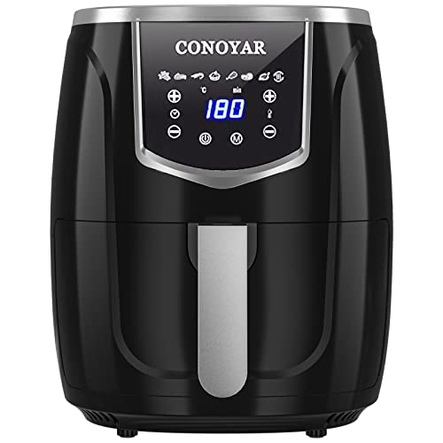 CONOYAR Freidora sin Aceite 4.5L XXL, Freidora de Aire de 1300W, con Pantalla Digital LED Táctil y 8 Programas, Control Preciso de la Temperatura(80-200℃) con Receta, Libre de BPA, Negro