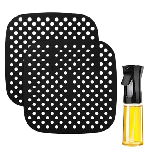 Accesorios Freidora Sin Aceite - Alfombrilla Air Fryer + Spray de aceite - Rejilla Silicona Freidora de Aire - Cesta Cuadrada - Para Airfryer Cosori Xiaomi Cecotec - 21 cm (2 unidades NEGRO)