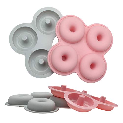 YUKAKI Moldes de silicona para rosquillas, molde antiadherente para hornear donut de 4 cavidades, bandeja de hojas sin BPA, para manualidades, bagels magdalenas, paquete de 2 (verde lima y rosa)