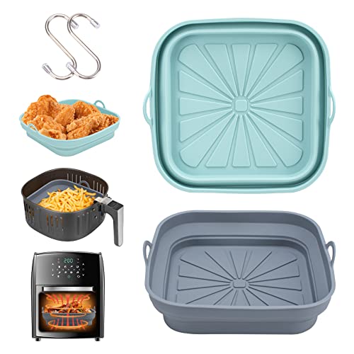 Alyvisun 2 Piezas Accesorios Aceite Molde Silicona Freidora de Aire Reutilizable Bandeja Recipientes Cuadrado Cesta Utensilios para Air Fryer, Microondas, Horno (Azul+Gris)