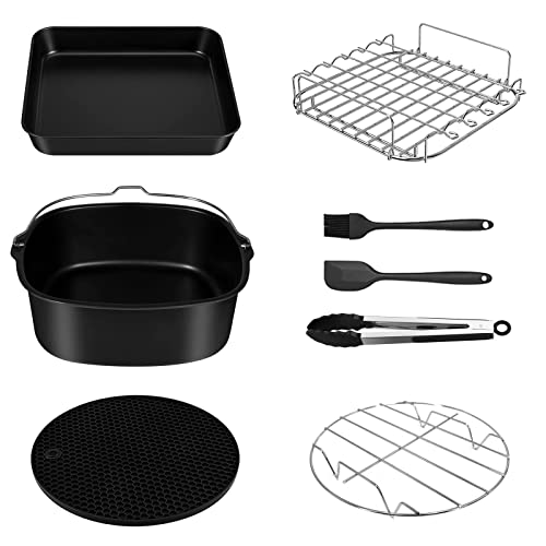 Accesorios freidora sin aceite 5,5L, accesorios freidora de aire, cuadrado Molde para respostería, Bandeja para pizza, Soporte de acero inoxidable, Rejilla Multiusos, Estera de silicona (8 PCS)