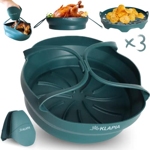 Accesorio Freidora Sin Aceite / Molde Silicona Freidora de Aire Caliente Antiadherente y Redondo / 22 cm Plegable / Air Fryer de 5 Litros ó más / SET 3 Piezas: Olla+ Alfombrilla Silicona + Guante