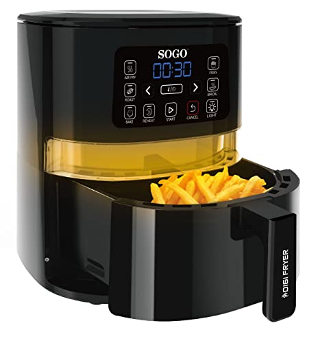 Sogo 10820 Freidora sin Aceite - de Aire Caliente 4 L con ventanilla, 6 programas, recetario, 100-200°C, pantalla LED táctil, temporizador, 1600 W Air Fryer, negro, sin PFOA ni BPA