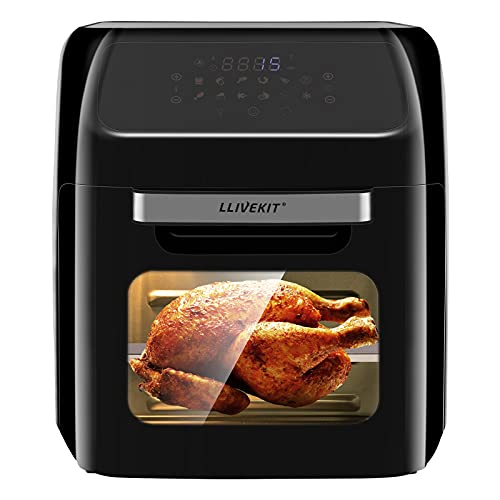 LLIVEKIT Freidora de aire caliente 12 L, horno de aire caliente, mini horno de 1800 W, freidora de aire sin aceite 12 en 1 con pantalla LED digital, deshidratador de frutas, barbacoa