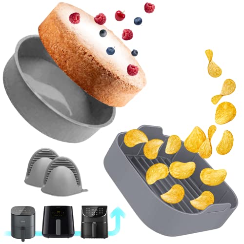 Molde Silicona Freidora de aire (+redondo) Accesorios cosori 5 5,5 L - Olla Cuadrada air fryer recipiente Cesta Facil de lavar - Drenado de aceite 20 CM - Bizcochos y postres