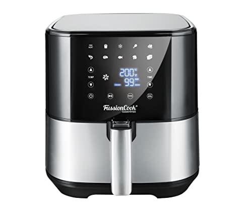 Freidora sin Aceite 5.5 L Fussioncook CookFryer, freidora aire caliente con 100 recetas en español, 11 programas, pantalla LED táctil, cesta antiadherente, temporizador, 1700W, Color Negro