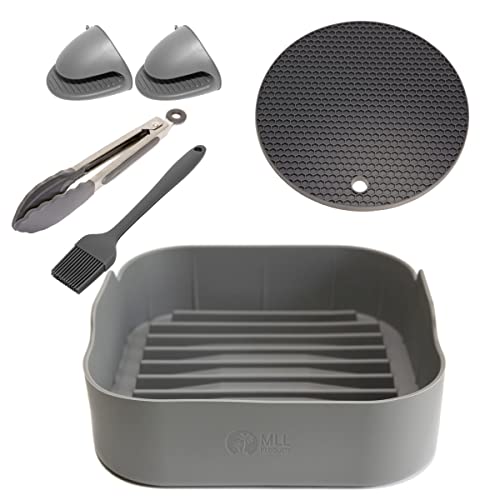 Molde Silicona Freidora De Aire Air Fryer - Cesta Recipiente para Freidoras De Aire Grandes + Accesorios Freidora Sin Aceite: Guantes, Pinzas, Cepillo para Aceite y Alfombrilla Freidora aire.