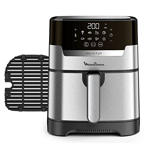 Moulinex Easy Fry & Grill 4.2L EZ505D Freidora de Aire Sin Aceite 2 en 1 para Freír o a la Parrilla, Pantalla Digital Táctil, 8 Programas para Comidas Sanas, App 125 recetas, Acero, Hasta 6 personas