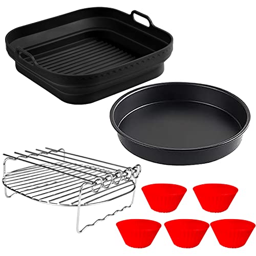 20cm Molde Silicona Freidora de Aire para Cecotec 5500 5,5L, COSORI 4,7L, Philips Airfryer XL 6.2L, 4 Piezas Accesorios Freidora sin Aceite con Olla de Silicona, Bandejas para Pizza, Rejilla Brochetas