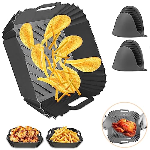 Nutabevr Set de 3 Piezas Molde Silicona Freidora de Aire,22cm Cuadrada Molde de Air Fryer,accesorios Freidora Sin Aceite,Molde para Silicon liners reutilizable resistente calor con 2 guantes aislantes