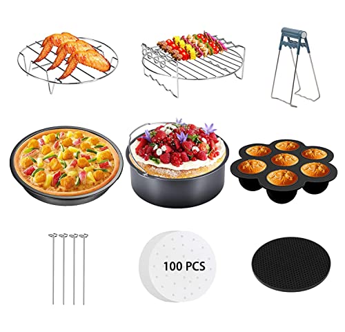 Accesorios Freidora Juego de 9,Acero Inoxidable 304 Freidora Aire Accesorios,Incluye 2 Rejillas Hhornear, Molde Pizza,Molde Pan,Molde para Hhuevos und y 100 Pes de Papel Freír Etc.(4.5L-7.5L)