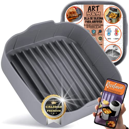 ART M&M® Molde Silicona Freidora de aire| Accesorio Freidora sin aceite| Olla para Freidora de aire +RECETARIO Digital| Bandeja silicona Freidora aire| 4,7 a 6L Cuadrada| Recipiente Silicona Air fryer