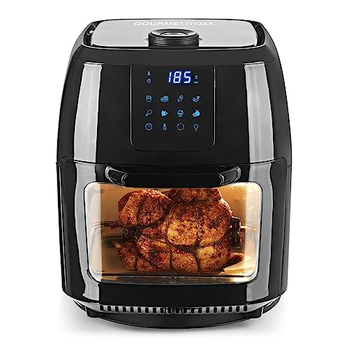 GOURMETmaxx Digital XXL Hot Air Deep Fryer 9 litros | Freír sin grasa, freidora, horno y parrilla giratoria en uno | Incluye asador giratorio para pollo y shish kebab [1800 watts/negro]