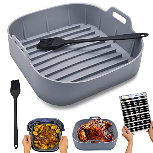 FRYUP® Molde Silicona Freidora Aire Cuadrada - Accesorios Freidora sin Aceite - Freidoras 4.7L, 5.5L y 6.4L - Pincel de Regalo - Accesorios Airfryer - Olla, Recipiente, Bandeja, Utensilios - 20x20cm