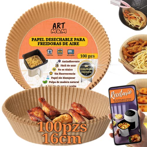 ART M&M® Papel Freidora Aire [100 Piezas +RECETARIO Digital] 16cm. Papel Air Fryer Redondo| Papel Pergamino Desechable| Papel horno Freidora de aire| Papel Vegetal Antiadherente| Airfryer Paper Liner