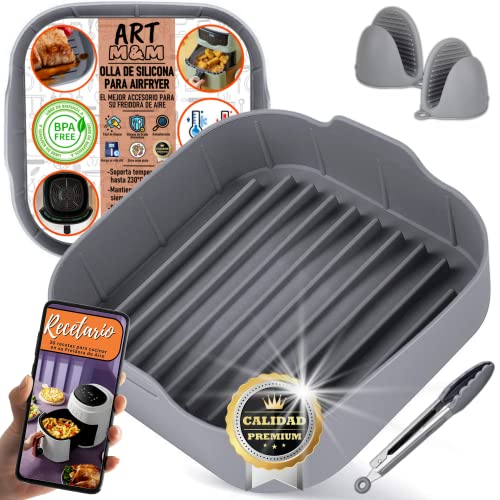 ART M&M® Molde Silicona Freidora de aire| Accesorio Freidora sin aceite| Olla Freidora de aire +RECETARIO Digital| Bandeja silicona Freidora aire| 4,7 a 6L Cuadrada| Airfryer |Guantes Silicona| Pinzas