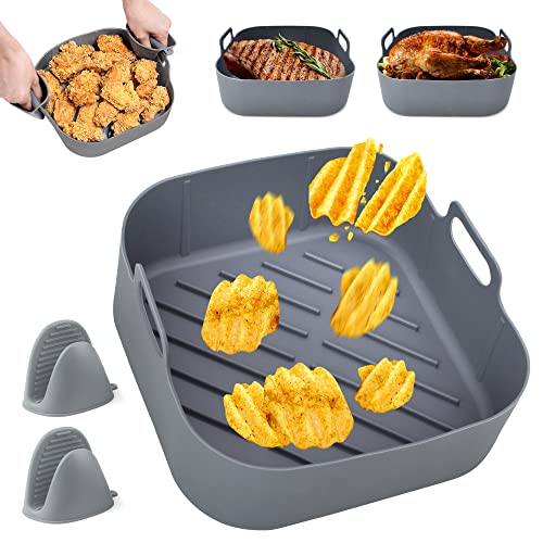 Molde Silicona Freidora de Aire, Olla Silicona Freidora de Aire con Silicona Manopla, Accesorios Freidora sin Aceite, Accesorios Airfryer para Microondas Reutilizables, Horno, Molde para Tartas (Gris)