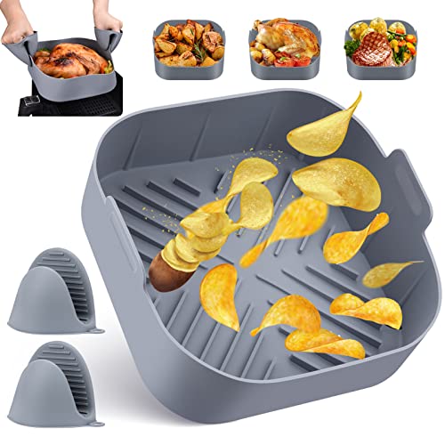 Molde Olla de Silicona para Freidora de Aire, BISNIE Cesta Silicona Freidora Aire Cuadrada con Silicona Manopla, Reutilizables y Antiadherentes Bandeja Airfryer para Hornear Pasteles Microondas(20CM)