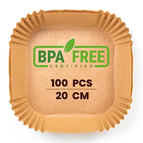 PORTENTUM Papel freidora aire 100 unidades Food-Grade BPA free de 20 x 20 x 4,5 cm Papel Air Fryer Cuadrado, Para freidoras sin aceite de 5 a 8 litros - Ideal para Cocinar Saludablemente