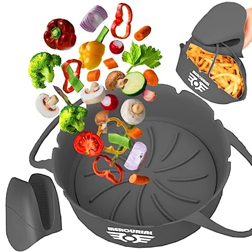 MERCURIAL Molde Silicona Freidora de Aire con Guante, Accesorios Freidora sin Aceite - Molde Silicona Air Fryer Redondo con Asas, Moldes Silicona Freidora de Aire (18 cm)