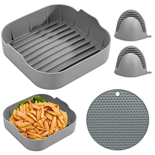 Accesorios Freidora de Aire, Olla y Accesorios Para Air Fryer, Cesta Molde de Silicona Freidoras de Aire Sin Aceite, Accesorios Compatible para Horno, Microondas, Con Manoplas Para Hornear y Rejilla