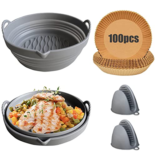 Accesorios para freidora sin aceite, molde cuadrado silicona y manoplas horno para utilizarlo como bandeja o cesta en freidora de aire + 100 moldes de papel horno. Utensilios para air fryer.