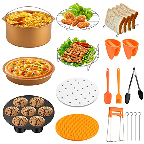 FUNYKICH 15 pcs Accesorios para Freidora de Aire 7 pulgadas 3,5 L-5,3 L, Kit de Accesorios Universal para Freidora sin Aceite Molde de Pizza Pinchos Brochetas Guantes Parrilla de Cocción