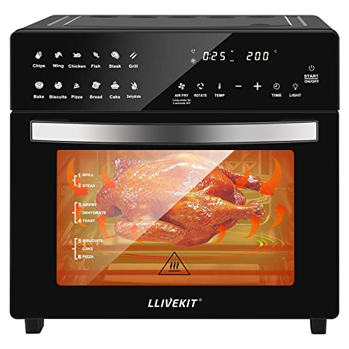 LLIVEKIT Freidora sin Aceite 26L, 1700W Freidora de Aire Caliente, 12 en 1 Air Fryer, Mini Horno Electrico para Pizza con Pantalla LED Táctil, asador, deshidratador, con 8 Accesorios, Recetas