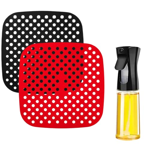 Accesorios Freidora Sin Aceite - Alfombrilla Air Fryer + Spray de aceite - Rejilla Silicona Freidora de Aire - Cesta Cuadrada - Para Airfryer Cosori Xiaomi Cecotec - 21 cm (2 unidades BICOLOR)